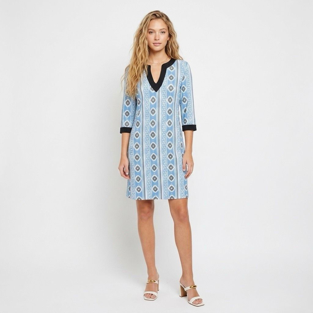 Almatrichi Coastal Preppy Blue Geometric Aztec Boho Vacation Dress 38 Small